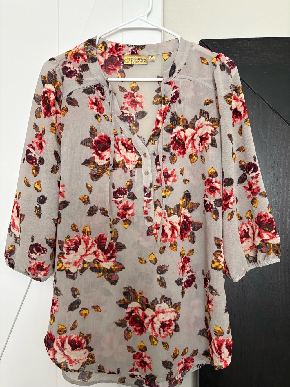 Vera Wang Floral Sheer V-Neck Blouse - Gray with Red Rose Print
